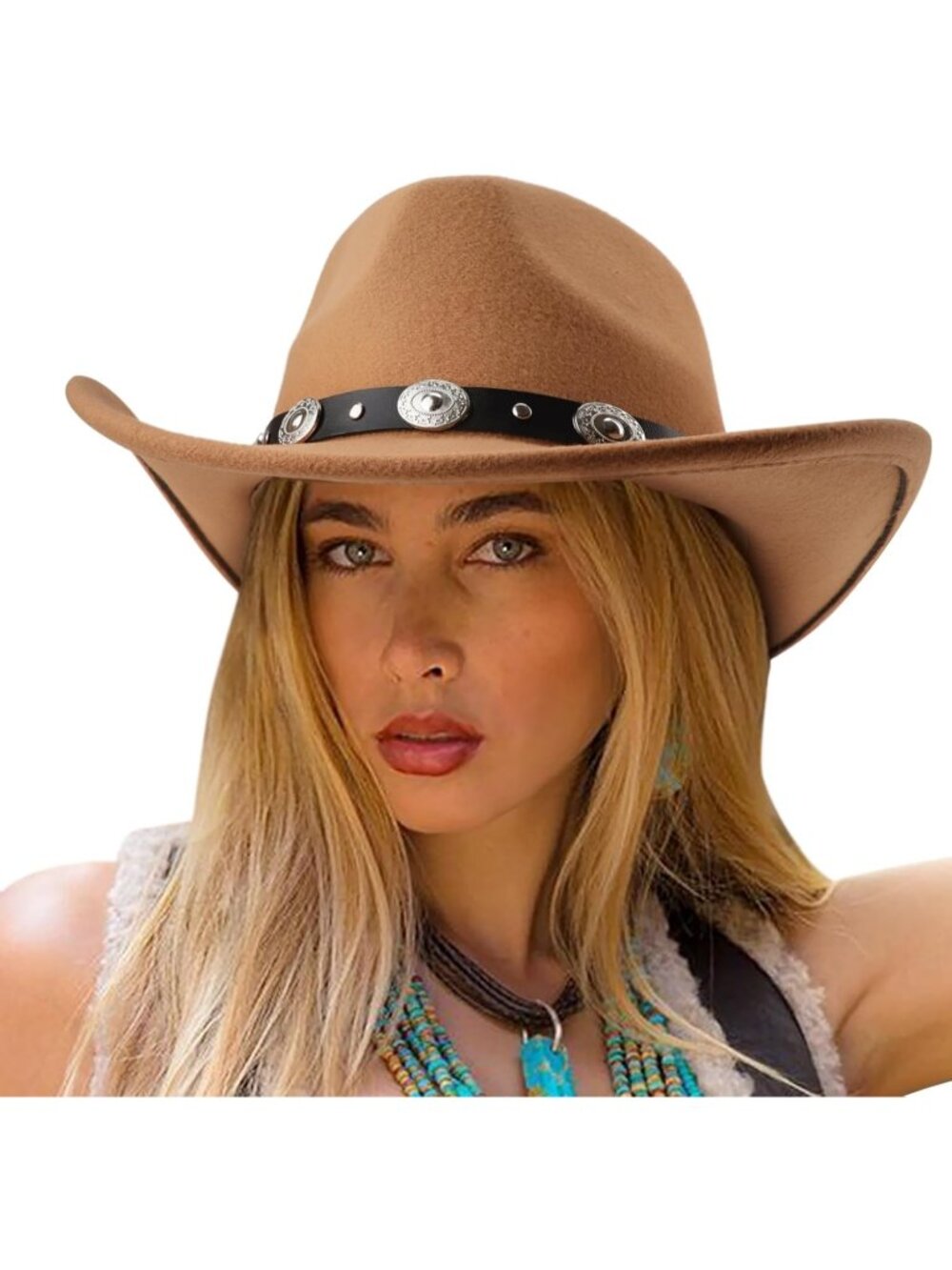 Unisex Khaki Circumference 22-22.8" Classic Felt Wide Cowboy Western Cowgirl Hat